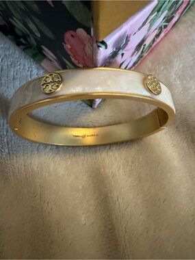 Tory Burch White Enamel and Gold Logo Bangle